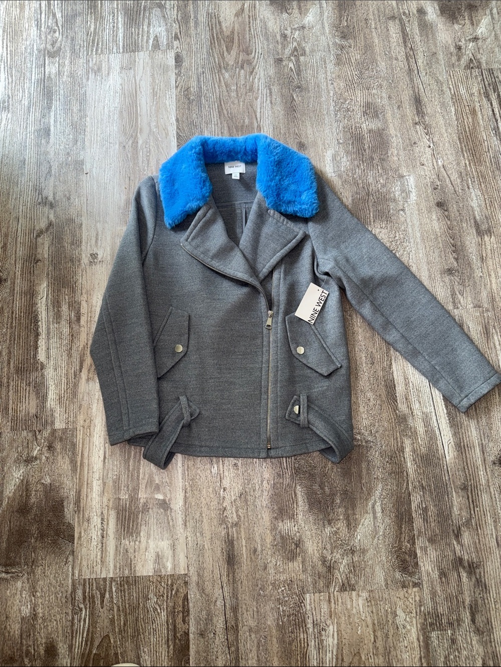 Nine West Gray Jacket with Bright Blue Faux Fur Collar